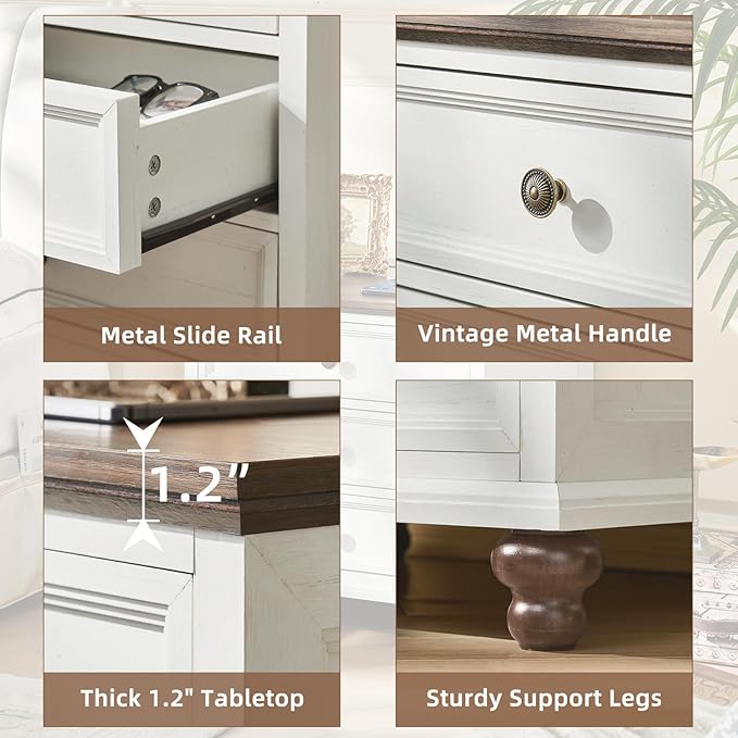 Joaxswe Farmhouse Nightstand Set of 2 with Charging Station, 24" Wide End Table with 3 Drawers,Dresser for Bedroom,Bed Side Table Chest of Drawers Cabinet,Wood White Night Stand for Living Room