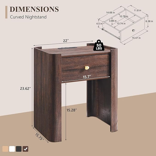 IFGET 23.6" Tall Modern Nightstand with Charging Station, 22" Wide Curved Bedside Table with 1 Storage Drawer, Wooden Night Stand, Large End Table for Bedroom, Living Room, Brown