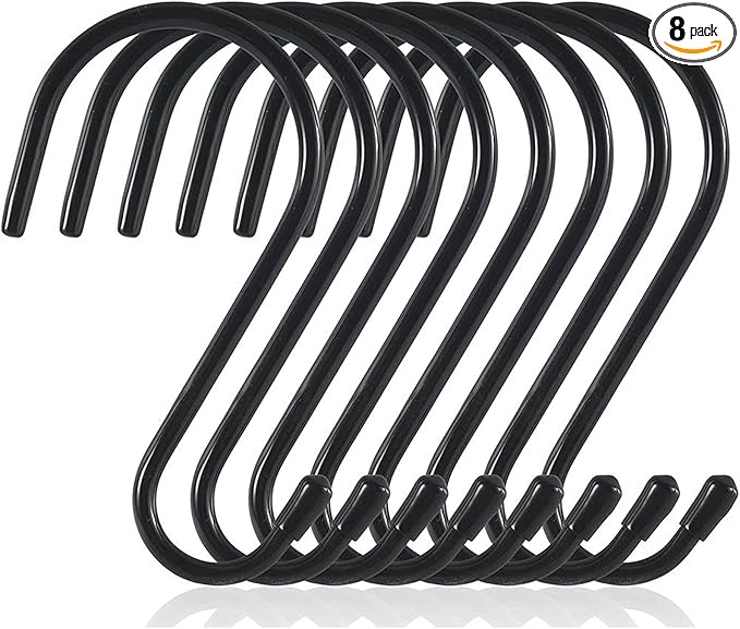 DaylyFav 8 Pack Black S Hooks, 5.5" Vinyl Coated Non-Slip Heavy Duty Steel Metal Utility Hooks Large S-Hook for Hanging Plants Flower Baskets Bird Feeders Coats Hats Bags Purses Towels, Holds 65 Lbs