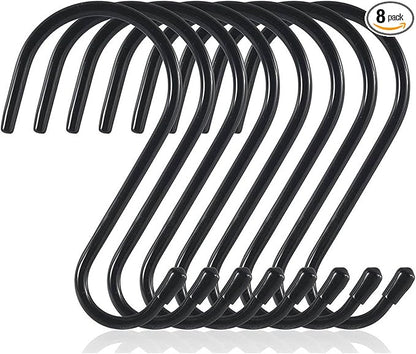 DaylyFav 8 Pack Black S Hooks, 5.5" Vinyl Coated Non-Slip Heavy Duty Steel Metal Utility Hooks Large S-Hook for Hanging Plants Flower Baskets Bird Feeders Coats Hats Bags Purses Towels, Holds 65 Lbs