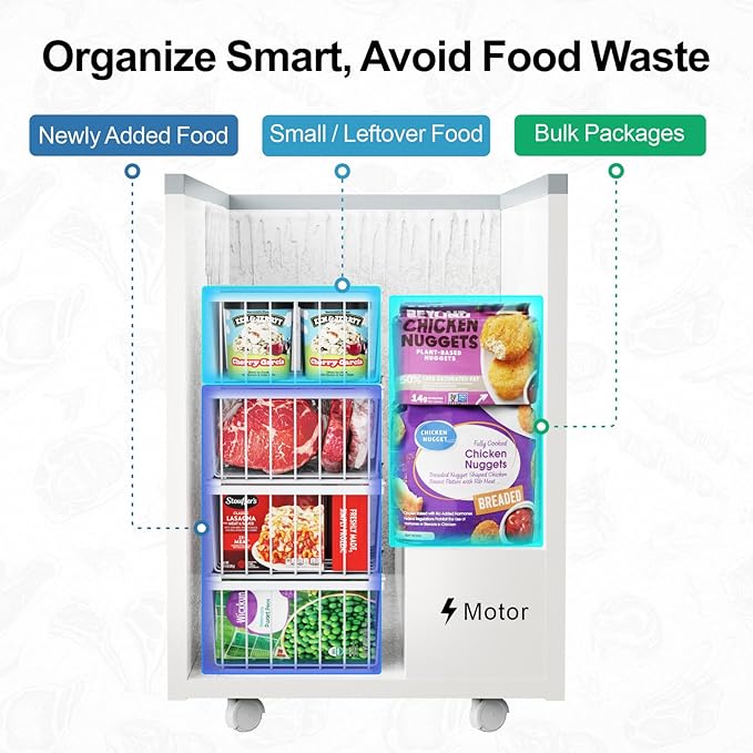 iSPECLE Chest Freezer Organizer Bins - 8 Pack Stackable Freezer Organizer for 5 to 7 Cu.Ft Freezer and Upright Freezer Over 8.5 Cu.Ft, Easy Get Food from Bottom, Add Extra Storage Space, White