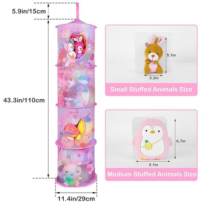 Basumee Stuffed Animals Net or Hammock 2 Pcs Stuffed Animals Storage Toy Net Hammock for Plushies Storage Organizer Mesh Kids Girls Room Decor, Pink, 4 Tiers
