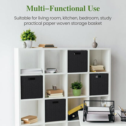 Woven Wicker Storage Baskets 2-Pack, 11x11 Handwoven Paper Rope Organizer Bins, Foldable Cube Storage Cubes with Built-in Handles for Shelves and Closet Organization(Classic Black)