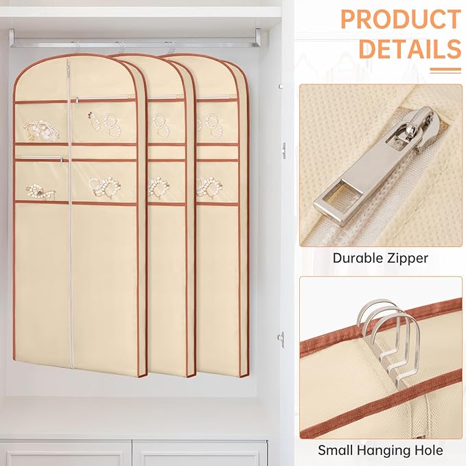 65" Garment Bag for Travel for Hanging Clothes Storage Hanging Suit Cover with Zipper and Accessory Storage for Coats, Dresses, Suits