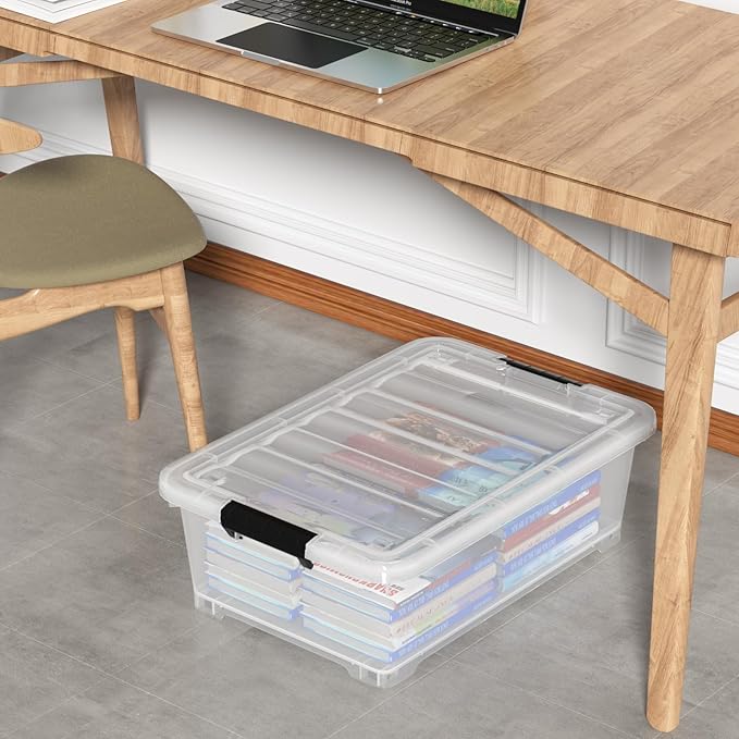Zerdyne 20 L Plastic Underbed Storage Box with Wheels, 4-Pack Clear Latch Container for Under Bed