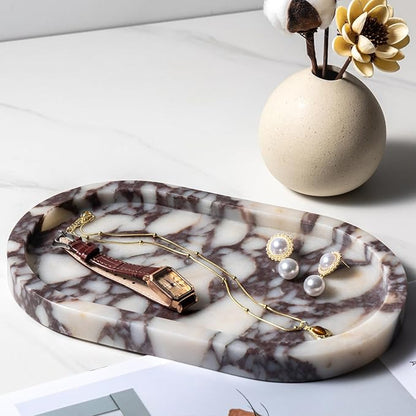 Natural Calacatta Viola Marble Tray 10"x6" - Non-Resin Bathroom Vanity Organizer & Kitchen Decor | Waterproof Oval Stone Serving Dish (Purple Portoro)