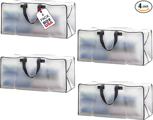 BOX USA 4 Pack Extra Large Clear Moving Bags with Handles & Zippers | Heavy Duty Storage Totes, Packing, Dorm Room Essentials & College Space Saving