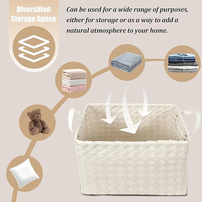 Handwoven Clothes Basket Laundry Hampers Large Wicker Storage Baskets for Shelves Blankets Closet Storage Bins Car Bedroom Bathroom Organizers and Storage Bath (Pack of 4, White)
