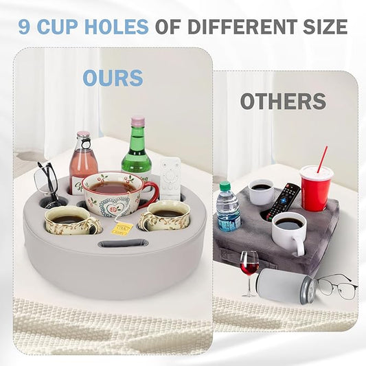 Couch Cup Holder Pillow - Cup Glass Cozy Pillow | Couch Caddy Sofa Bed Buddy Holds Drinks, Snacks, Remote, Phones, Tablet. Keep Drinks Stand and Prevent Spills for Car, Park，Beach, Picnic. (PU Gray)