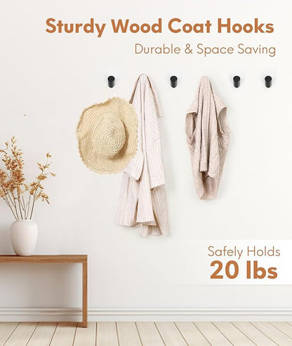 Wood Wall Hooks for Hanging, 6 Pack Hat Hook for Walls, Coat Hook Wall Mount, Backpack Hooks for Walls, Bathroom Towel Hanger (Black)