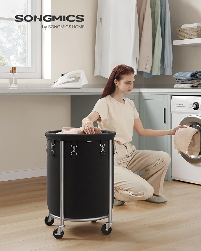 SONGMICS 18.5-Gallon (70 L) Laundry Basket with Wheels, Rolling Round Heavy-Duty Laundry Hamper Cart with Steel Frame and Removable Bag, 2 Locking Wheels, Ink Black and Metallic Silver URLS006B01