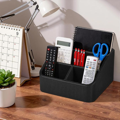 ACUDUDOMA PU Leather Remote Control Organizer Holder, 4-Compartment Small Desk Organizer, All-in-One Desk & Nightstand Caddy for Remotes, Phones, Glasses & Office Accessories