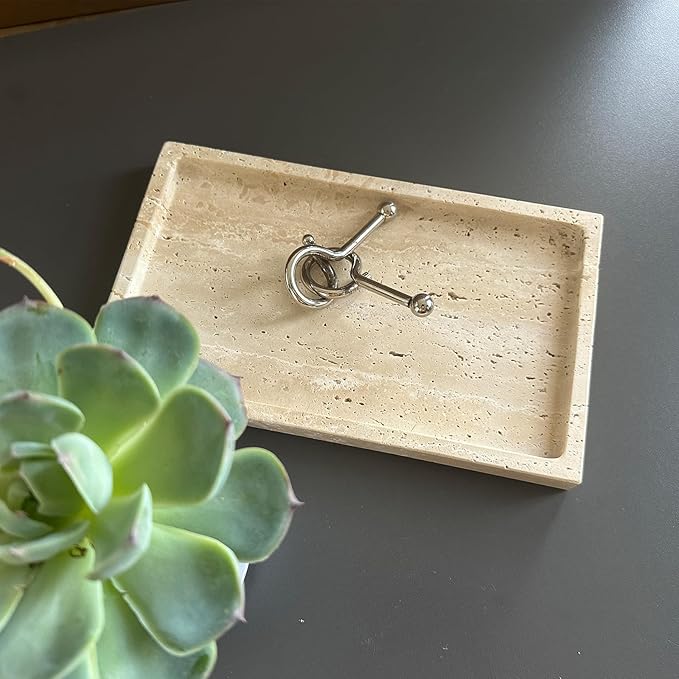 OAIQNUJ Natural Travertine Stone Perfume Tray, 9.8"x5.9" Marble Vanity Tray for Bathroom/Kitchen/Coffee Table
