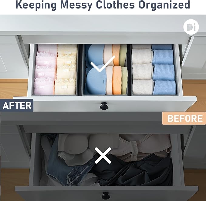 DIMJ Drawer Organizer Clothes - Small Dresser Organizer Underwear Drawer Organizer for Baby Clothes, Socks, Underwear, Bra, Belt, Tie - Grey