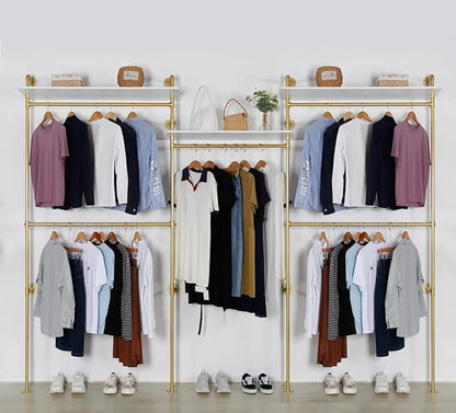 Industrial Pipe Clothing Rack Wall Mounted 5 Hanging Rods Garment Bar with Storage Shelf, Heavy Duty Metal Clothes Racks Closet System for Hanging Clothes Retail Display (Gold)