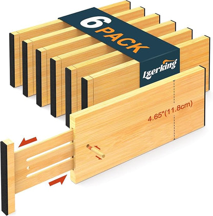 Lzerking Kitchen Drawer Dividers 6 Pack, 4.65" High Adjustable Bamboo Drawer Organizers for Clothes (12-17.5"), Spring Loaded, Expandable Utensil Organizer for Kitchen Storage, Dresser, Bedroom