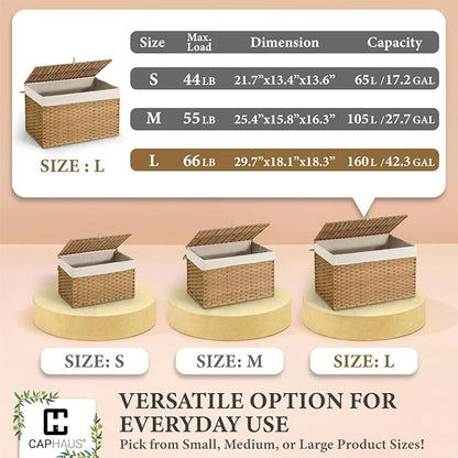 CAPHAUS Handwoven Synthetic Rattan Storage Basket w/Lid, Foldable Clothes Basket with Handles, 2 Removable Liner Bags for Laundry, Large Laundry Basket w/Lid, Laundry Basket w/Lid, 160L, Natural