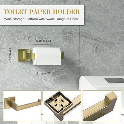 Bathroom Accessory Towel Bar Set: 5 Pieces Gold Bathroom Hardware Square SUS304 Stainless Steel - 24 Inch Wall Mounted Towel Rack&Toilet Paper Holder&Towel Ring and Towel Hook