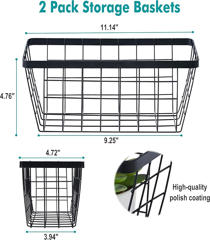 LIGHT DUST Wall Hanging Baskets - 2 Black Baskets Set Wire Basket Metal Organizer Bins for Kitchen Pantry Cabinet Bathroom Shower Door RV [Included Adhesive Hooks & Wall Mounted Screws]