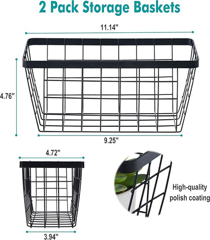 LIGHT DUST Wall Hanging Baskets - 2 Black Baskets Set Wire Basket Metal Organizer Bins for Kitchen Pantry Cabinet Bathroom Shower Door RV [Included Adhesive Hooks & Wall Mounted Screws]