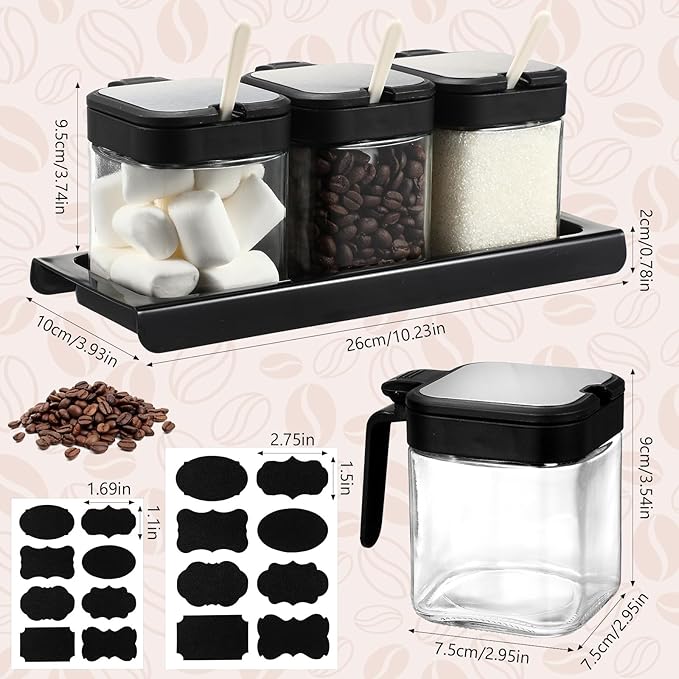 Suclain 3 Pcs Glass Coffee Containers Coffee Station Organizer Set, Airtight Bean Storage Jars with Shelf,labels,spoon, Base and Pen,for Sugar, Candy, Oats, Nuts (Black)