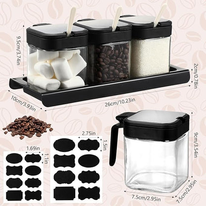Suclain 3 Pcs Glass Coffee Containers Coffee Station Organizer Set, Airtight Bean Storage Jars with Shelf,labels,spoon, Base and Pen,for Sugar, Candy, Oats, Nuts (Black)