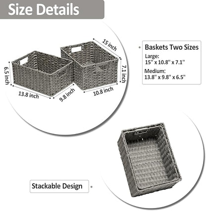 Wicker Baskets 2 Pack, Wicker Storage Basket with Handles, Waterproof Woven Baskets for Organizing, Large Storage Basket 15" and Medium 14", Grey