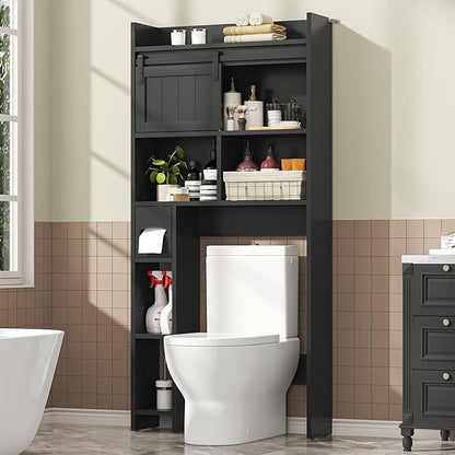Semoic Over The Toilet Storage Cabinet, Over The Toilet Shelf with Sliding Door & Toilet Paper Holder Stand, Bathroom Above Toilet Storage, Home Space-Saving Toilet Rack for Bathroom, Restroom, Black