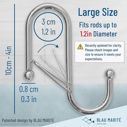 Blau Marité 6-Pack Metal S Hooks for Hanging – Heavy-Duty S-Shaped Hook with Safety Buckle – Fits Bars up to 1.2 in – Anti-Drop S-Hooks for Closet, Wardrobes & Storage – Silver (Large)