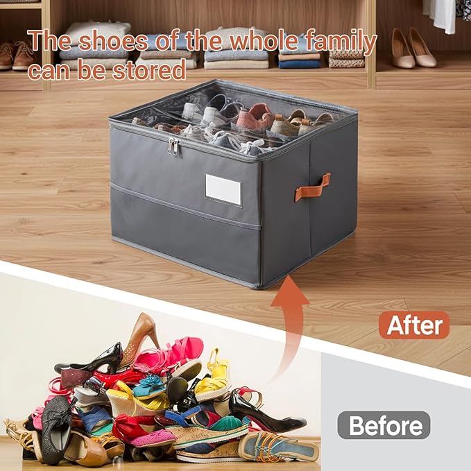 Chewlish Shoe Organizer for Closet, Foldable Shoe Storage Organizer Containers with Clear Cover, Space Saving Shoes Holder with Handles, Gray (2, Large)