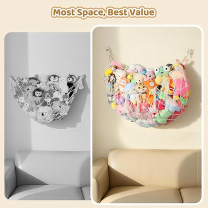 Yecaye 60 IN Stuffed Animal Net Hammock Large, Hanging Stuffed Animal Storage with Handmade Macrame Tassels, Net for Stuffed Animals Corner Large for Nursery Living Room Wall Decoration, Cream White
