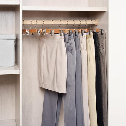 Amber Home 10 Pack 14.17" Solid Natural Wooden Pant Skirt Hangers, Bottom Hangers for Slacks Trousers Jeans with 2-Adjustable Anti-Rust Clips (Natural, 10 Pack)