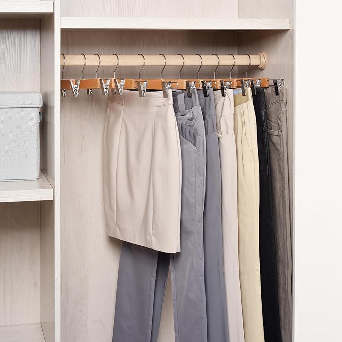 Amber Home 24 Pack 14.17" Solid Natural Wooden Pant Skirt Hangers, Bottom Hangers for Slacks Trousers Jeans with 2-Adjustable Anti-Rust Clips (Natural, 24 Pack)