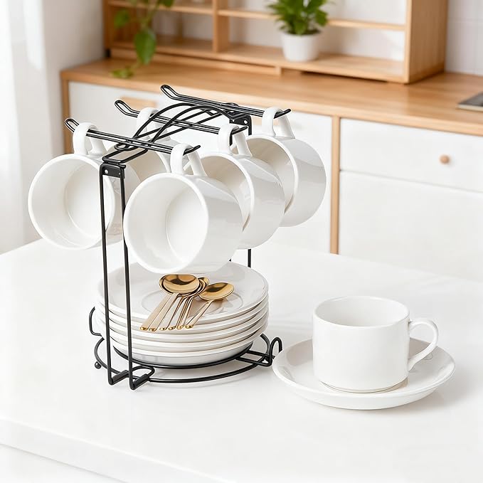 YOLIFE Tea Cup Holder for Countertop, Metal Cup and Saucer Display Stand, Foldable Tea Station Organizer, Espresso Coffee Cups Rack for Home or Bar Decor