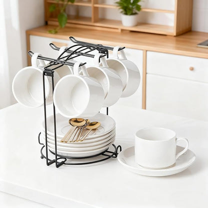 YOLIFE Tea Cup Holder for Countertop, Metal Cup and Saucer Display Stand, Foldable Tea Station Organizer, Espresso Coffee Cups Rack for Home or Bar Decor