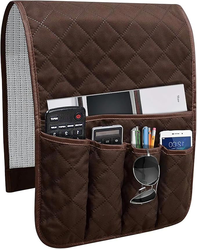 AUVCAS Sofa Armrest Organizer Non-Slip Arm Chair Bedside Caddy Storage Organizer for Recliner Couch with 5 Pockets for Cell Phone TV Remote Control Magazines (DARK BROWN)