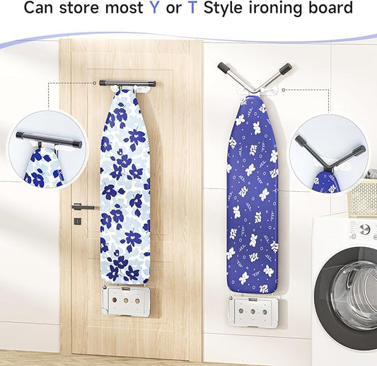 Ironing Board Holder Wall Mount,Ironing Board Hanger with Removable Hooks, Laundry Rooms Stainless Steel Ironing Boards Hook for Wall for Y or T Leg (White)