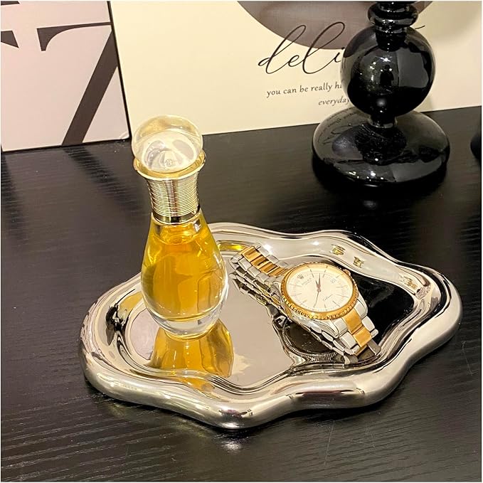 Conviv Ceramic Jewelry Tray,Perfume Trinket Dish,Ring Key Bowl Vanity Cute Room Decor Aesthetic, Birthday Mother's Day Thanksgiving Day Christmas Warm House Gifts for Women(Silver)