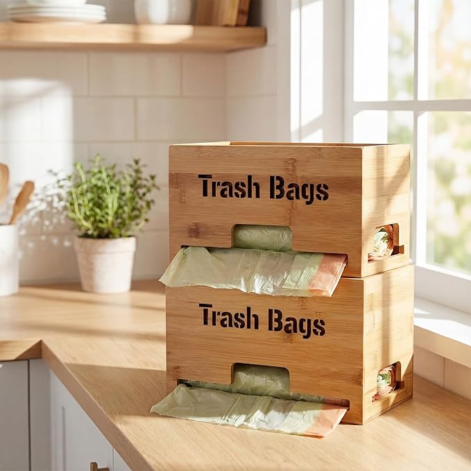 Kathfly 2 Pcs Bamboo Trash Bag Holder Dispenser Stackable Garbage Bag Dispenser, Large and Small Size Trash Organizer for Kitchen Laundry Under Sink, Wall Mounted or Freestanding