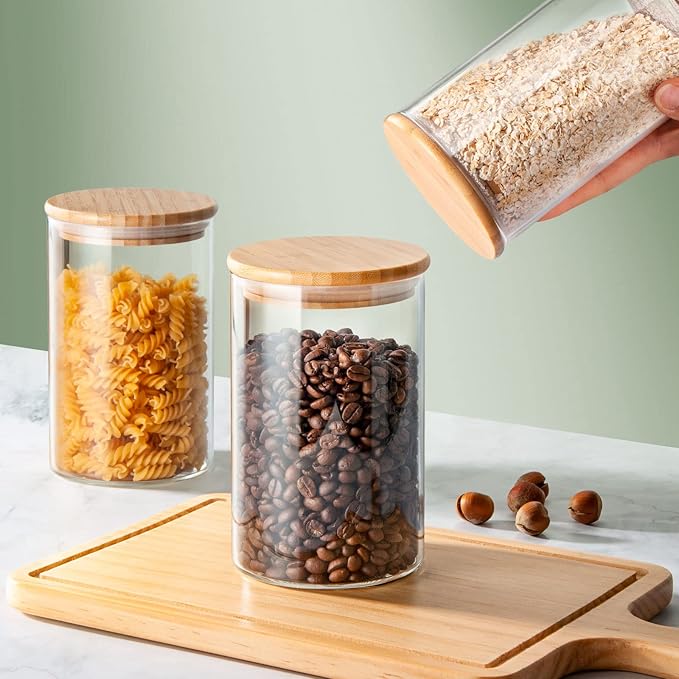 32 FL Oz Glass Jars with Bamboo Lid Set, 4Pack UPGRADE Thick Glass Pantry Storage Canisters Kitchen Clear Food Containers, for Dry Foods Nut Meal Prep Coffee Bean Candy Sugar Cookie Cereal