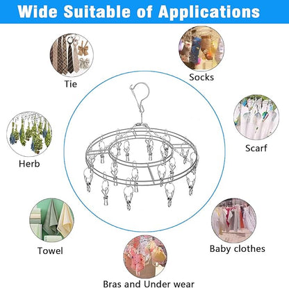 Stainless Steel Sock Drying Rack with 20 Clips, Stainless Steel Space-Saving Dryer Rack Washline with Peg for Sock,Towels,Bras,Underwear Etc Small Laundry Items (Stainless Steel-Round)
