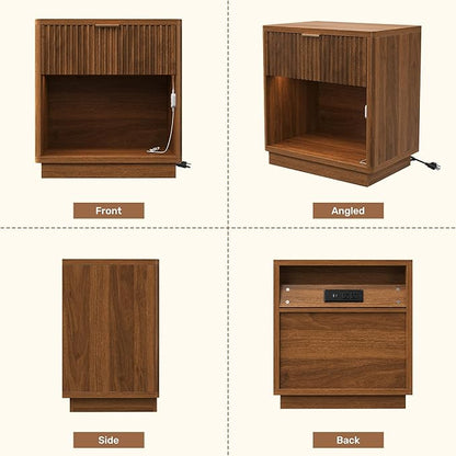 Miereirl Fluted Nightstands with Charging Station, LED Nightstand with Rounded Edge, Walnut-CP-1