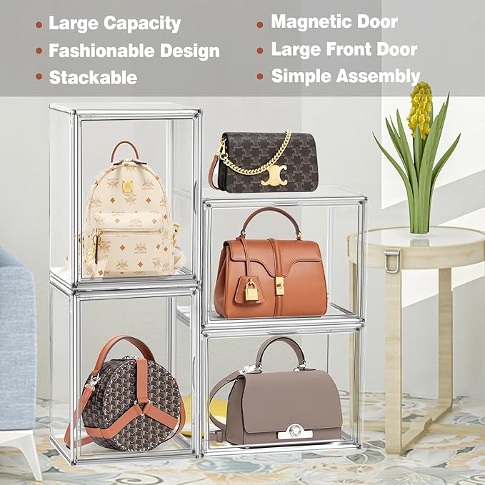 DAYOOH 5 Pcs Super Large Acrylic Display Case Purse Handbag Storage Organizer for Closet Clear Stackable Bag Storage Boxes for Books, Boots, Collectibles, Cosmetic