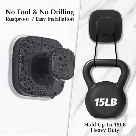 warlve Suction Cup Hooks for Shower - Reusable No-Drill Mounting - Hooks for Towels, Robes & Loofah on Metal, Glass, Mirrors, Tile & Smooth Non-Porous Surfaces (2, Matte Black)