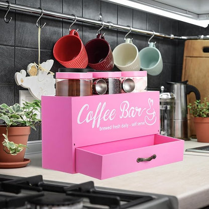 3 Pcs Coffee Bar Containers Set Include Coffee Sugar Container with Lid and Spoon and Double Layer Storage Box with Drawer for Bar Kitchen Countertop (Pink)