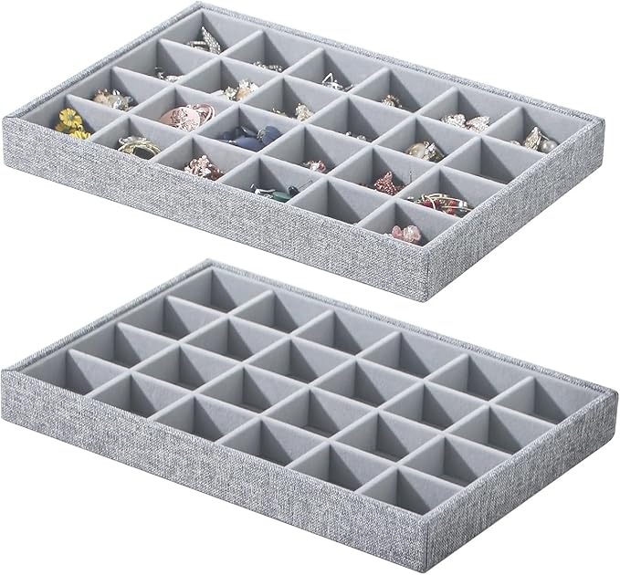 Stackable Jewelry Organizer Tray For Drawers,White Leather Small Earring Storage Tray,Bracelet And Necklace Display Box,Jewelry Ring Display Case (Gray White 24 Grids)