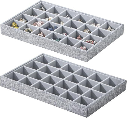 Stackable Jewelry Organizer Tray For Drawers,White Leather Small Earring Storage Tray,Bracelet And Necklace Display Box,Jewelry Ring Display Case (Gray White 24 Grids)