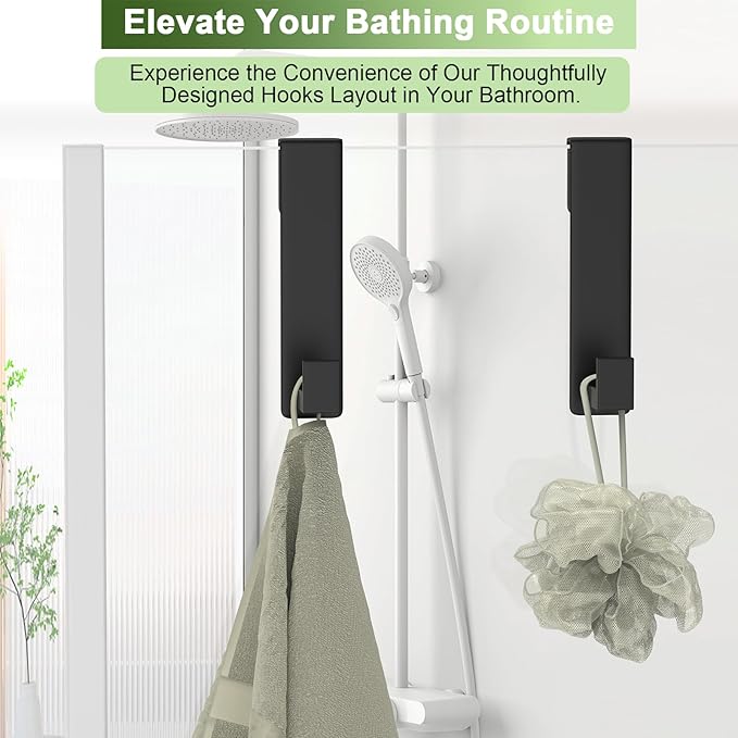 VINHOLD Shower Door Hooks, Heavy Duty Rack Hooks for Robe, Stainless Steel Towel Hooks for Bathroom, Fits Frameless Glass Shower Doors up to 3/8" (10mm) Thick (Black, 2 Pack)