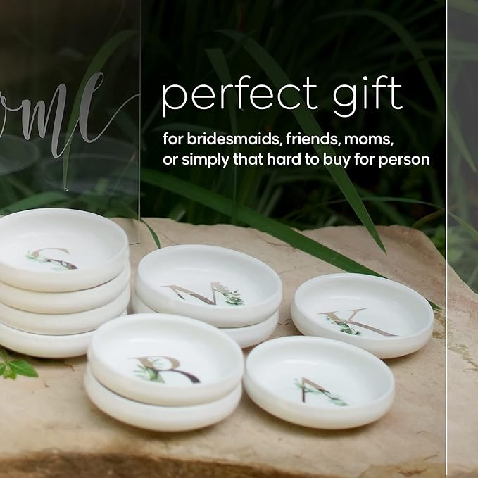 Trinket Tray Ring Dish with Personalized S in Gold Foil and Greenery - White Ring Dish - Monogrammed Trinket Dish or Jewelry Bowl - Cedar & Ink (S)