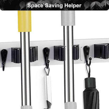 2 Pack Broom Holder Wall Mount With 5 Slots & 4 Hooks，Rustic Wood Broom & Mop Hanger，Wall Mounted Garden & Garage Tool Storage Organizer Rack for Closet Laundry Room or Kitchen Wall Decor White